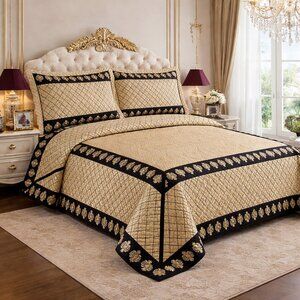Luxury Gold Black Damask Bedspread Quilt Set Embroidered Royal Bedding King Quee
